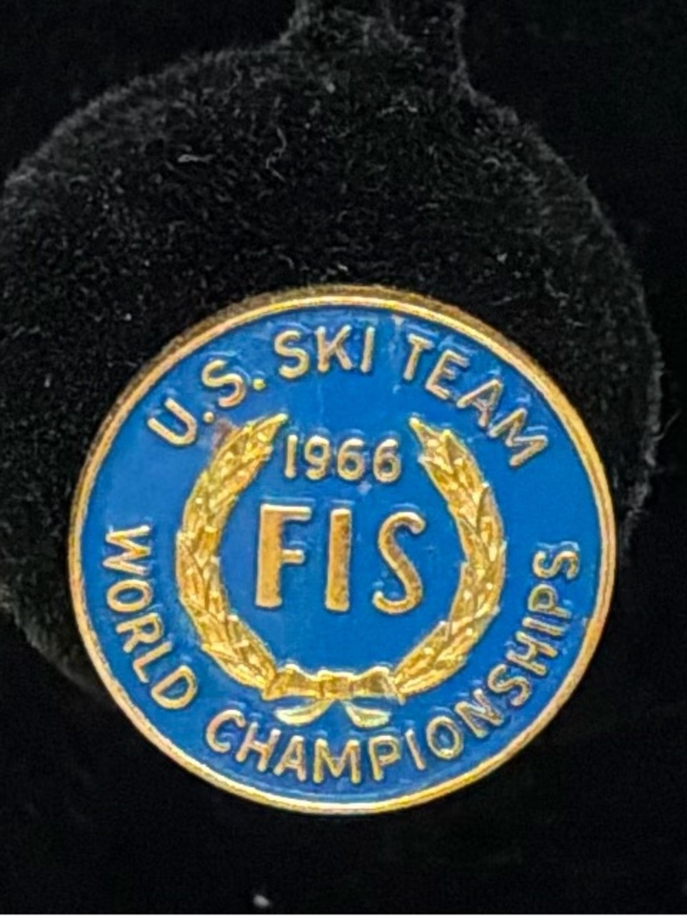 Vintage 1966 U.S. Ski Team FIS World Championships Enamel Pin Blue Gold Skiing